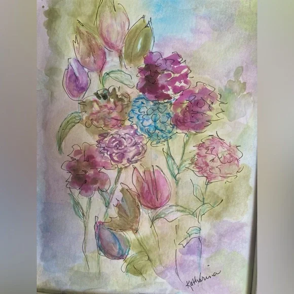 Elegant Floral Watercolor in Ornate Frame - Picture 2 of 8